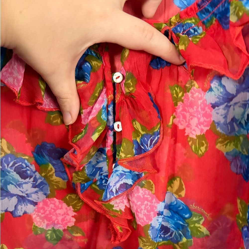 Abercrombie Kids Y2K Red Floral Sheer Stretch Ruffle Top XL Preppy Cute Vintage - Picture 5 of 9